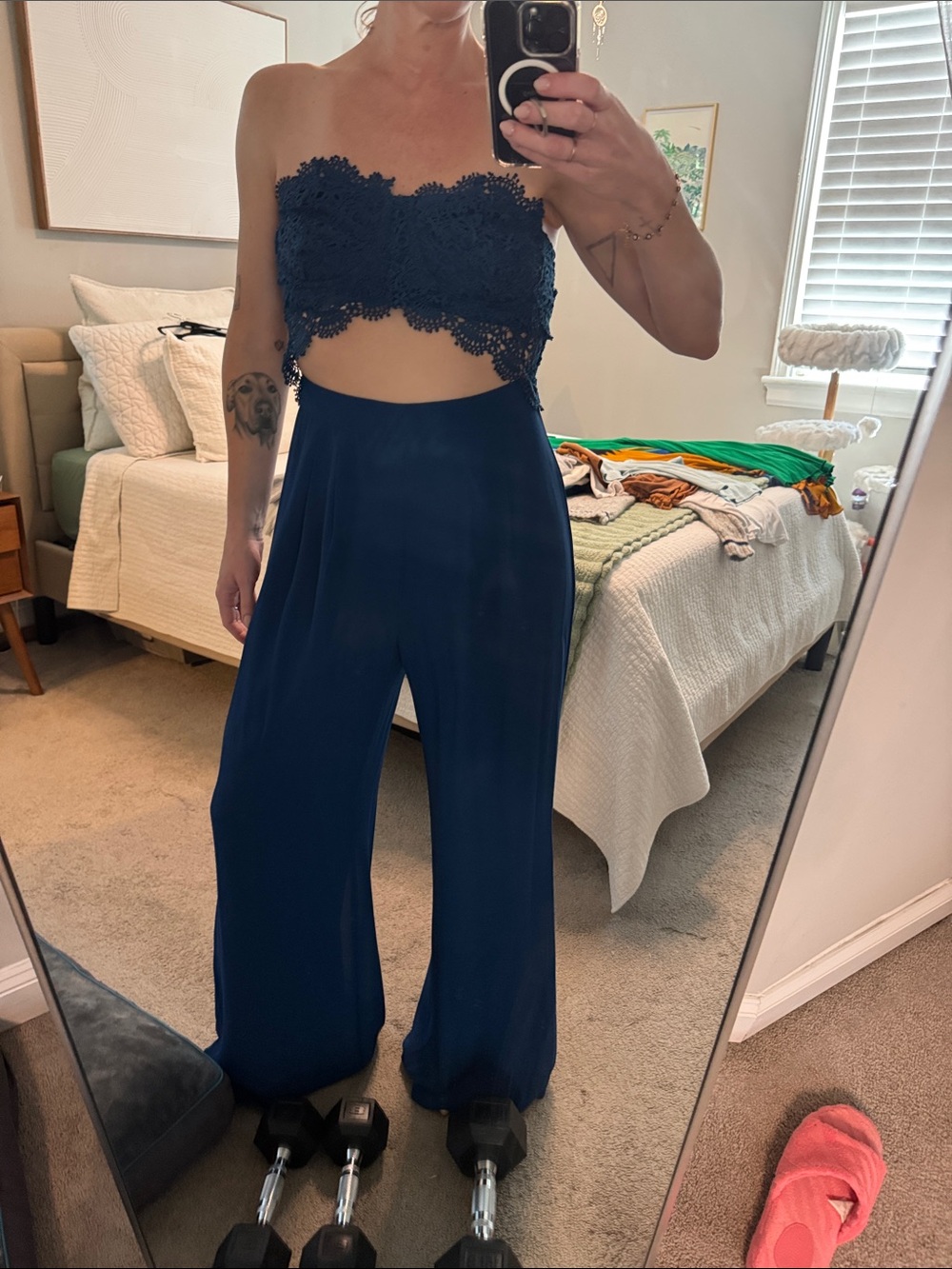 Love Culture Navy Lace Strapless Wide-Leg Jumpsuit